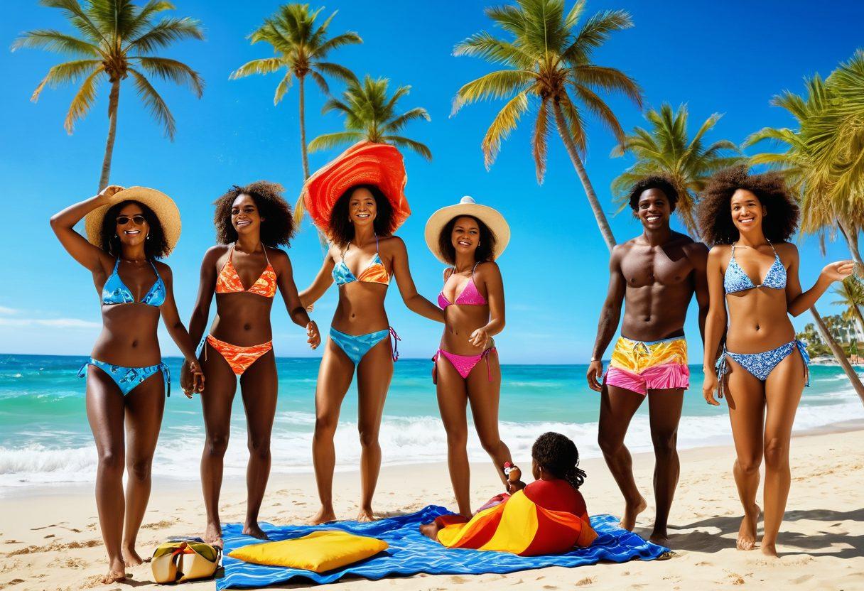 A vibrant beach scene featuring a group of diverse friends joyfully wearing colorful summer swimwear, splashing in the waves under a bright blue sky. Include palm trees swaying gently, beach towels, and a picnic setup in the sand. The atmosphere should exude happiness and relaxation, capturing the essence of summer fun. super-realistic. vibrant colors. bright sunny ambiance.
