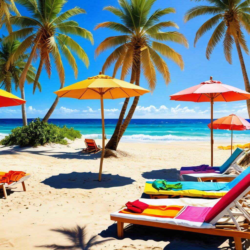 A sun-soaked beach scene, showcasing vibrant summer colors with a variety of stylish bikinis displayed on a sandy beach. Include the ocean waves in the background and sunbathers enjoying the sun. Enrich the image with tropical palm trees and colorful beach umbrellas. Super-realistic. Bright and cheerful colors. Warm, inviting atmosphere.